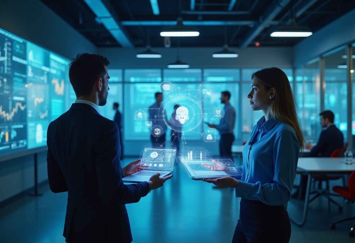 Futuristic business professionals using holographic technology interface